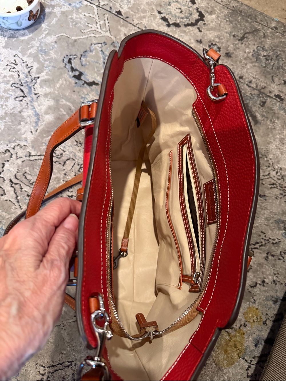 Dooney & Bourke Red Pebbled Leather Tote with classic Brown Handles - Picture 9 of 12